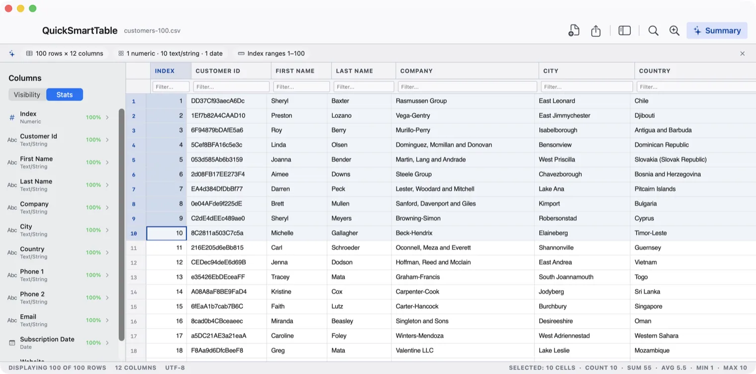 The Column Explorer beside the grid, listing each column with its detected type and completeness