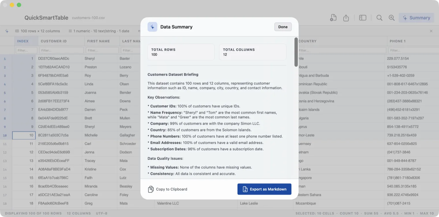 The Data Summary panel with row and column totals and a written briefing about the dataset