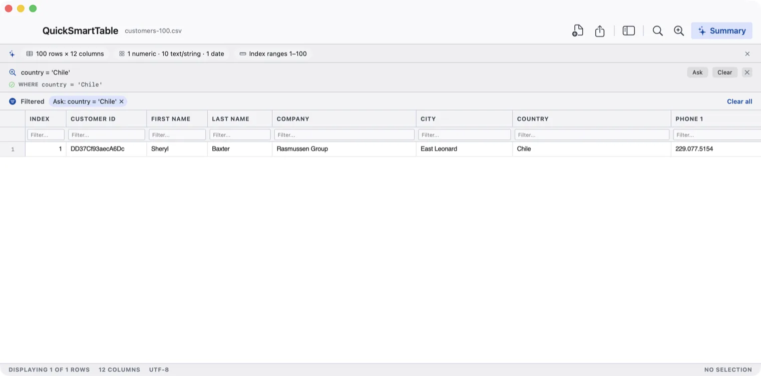 A typed condition filtering the grid down to the matching row, with the generated WHERE clause shown